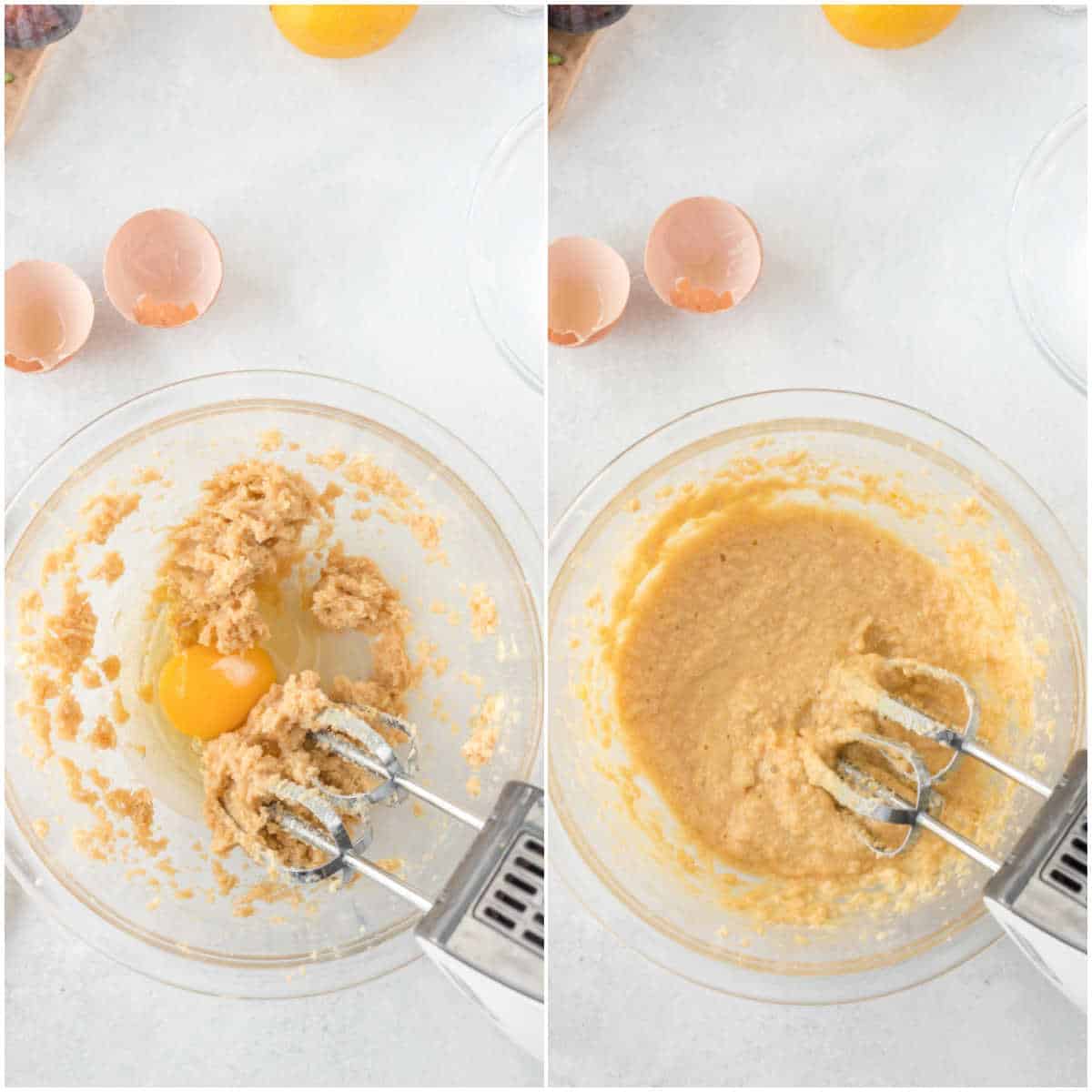 Collage of using a mixer in a bowl.