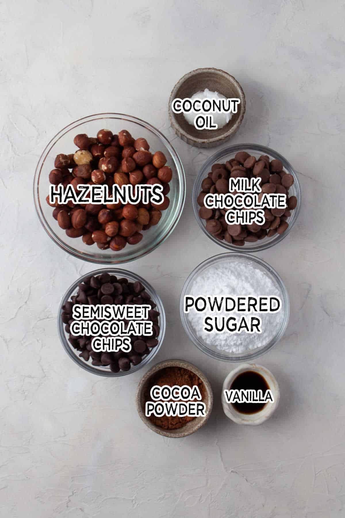 Ingredients to make homemade nutella. 