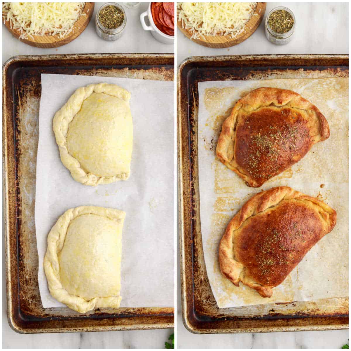 Steps to make meat calzones.