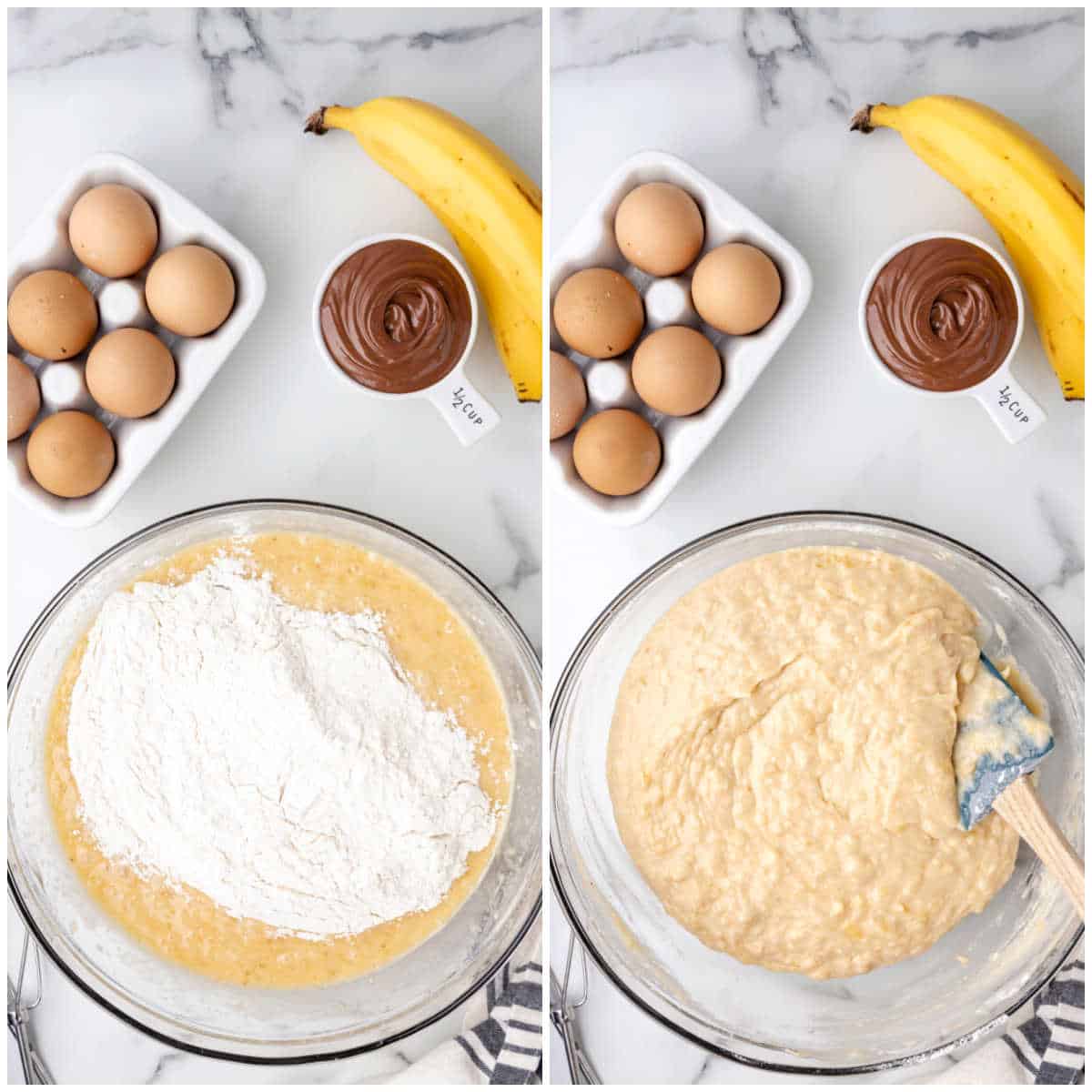 Steps to make Nutella banana bread.