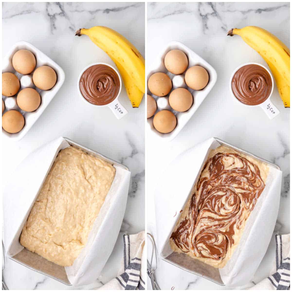 Steps to make Nutella banana bread.