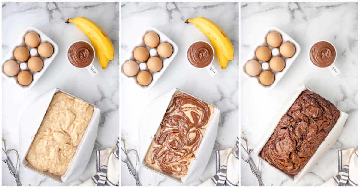 Steps to make Nutella banana bread.