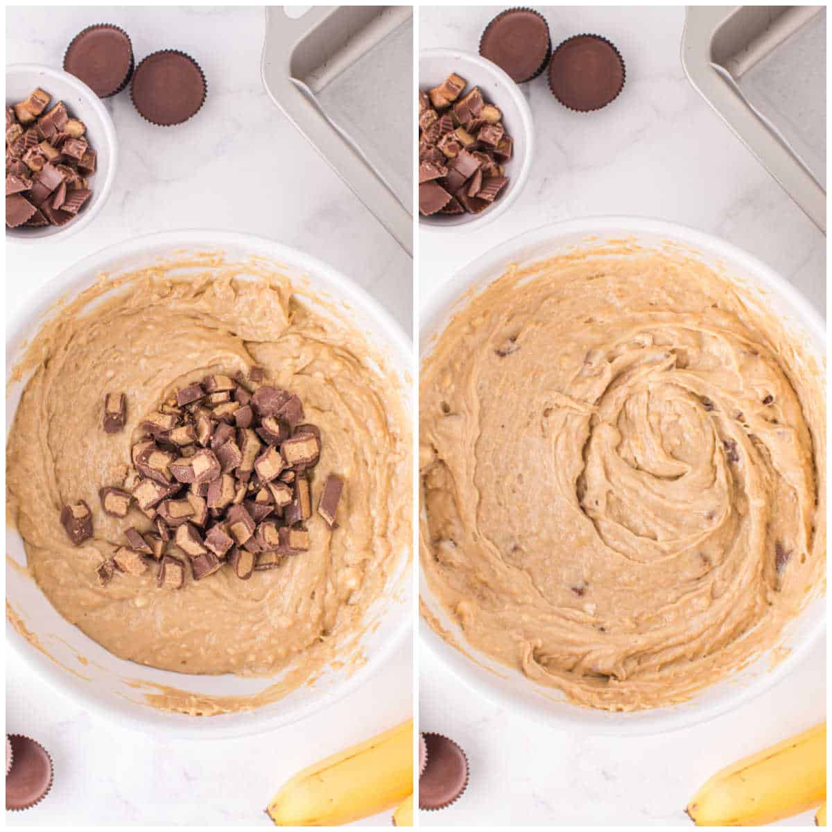 Steps to make Reese's Peanut Butter Banana Bread.