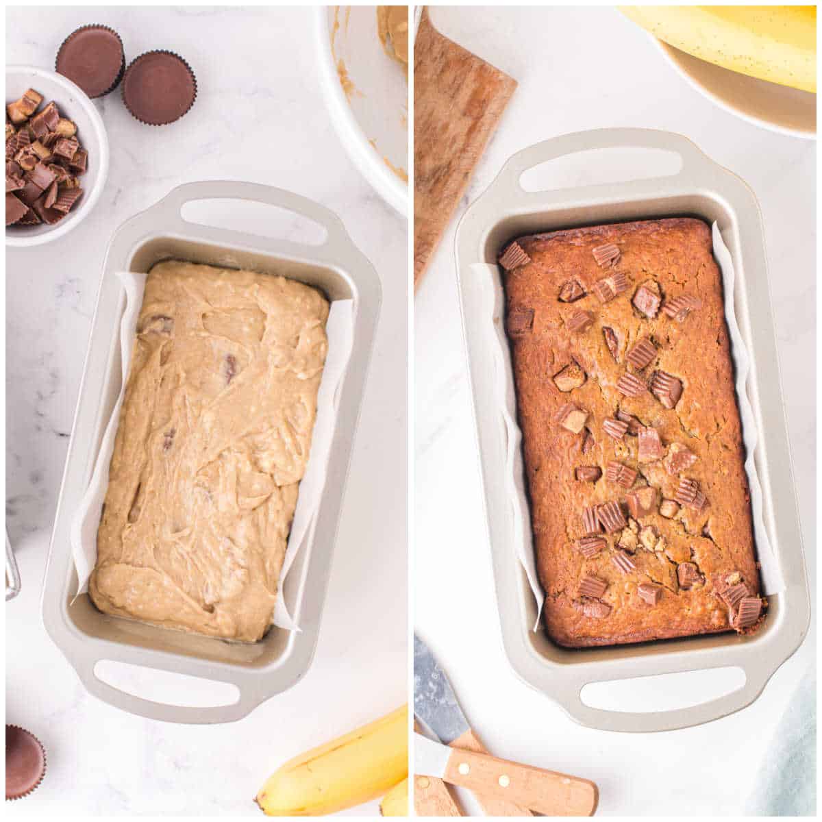 Steps to make Reese's Peanut Butter Banana Bread.