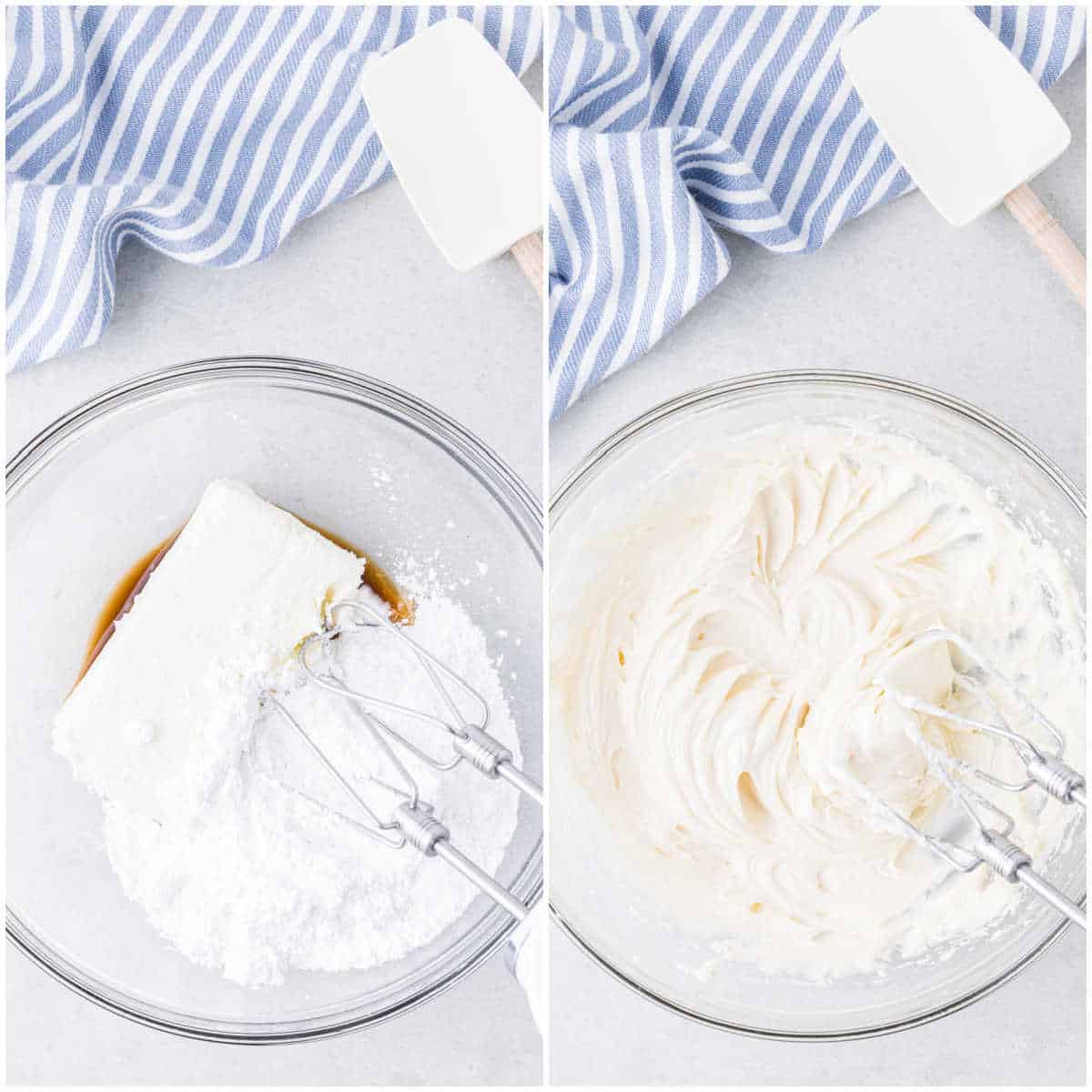Collage of mixing the ingredients in a bowl with a mixer. 