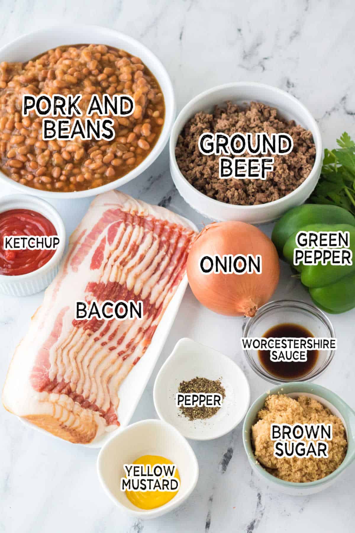 Ingredients to make baked beans with ground beef.