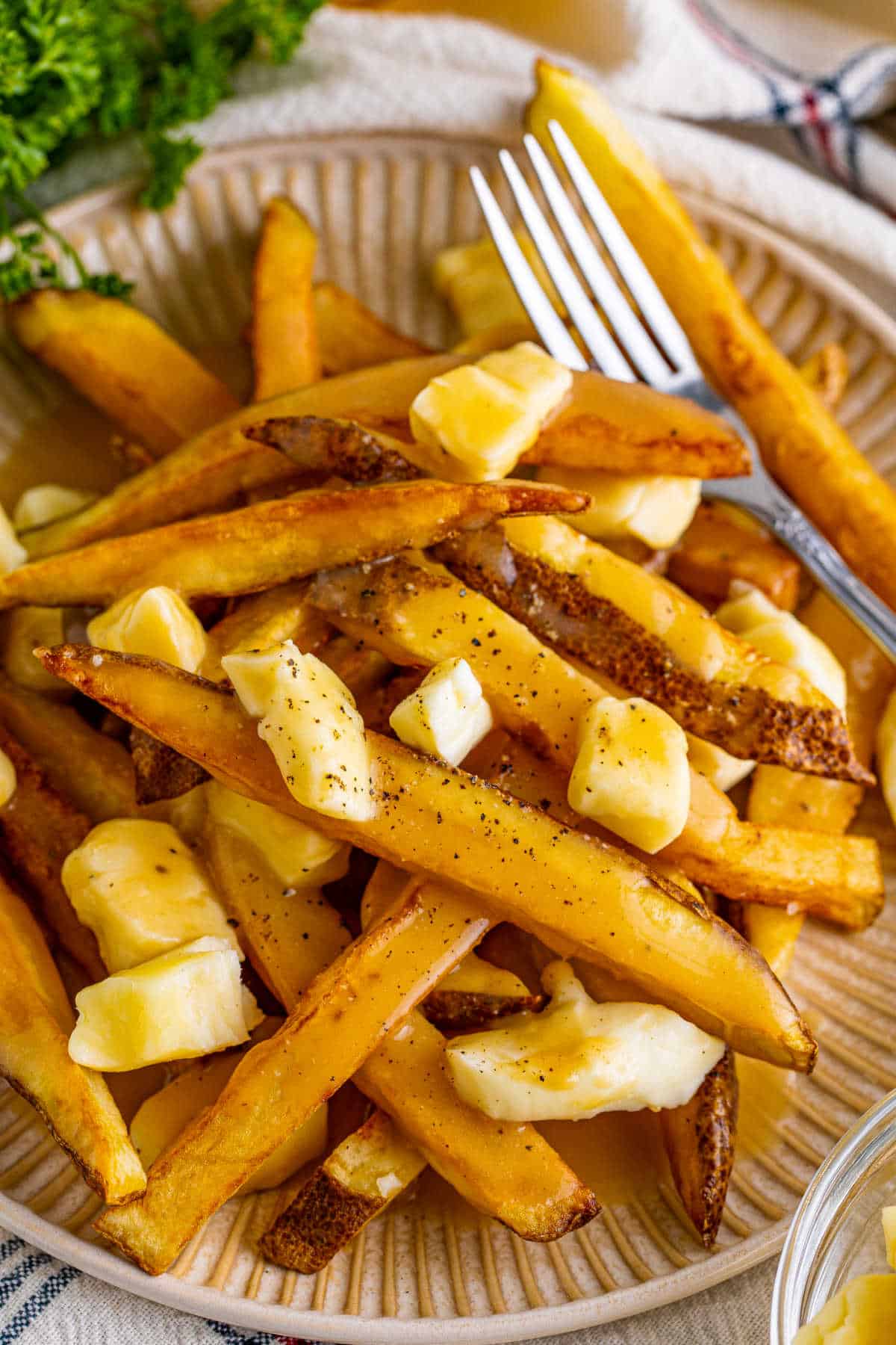 Poutine on a plate with a fork.