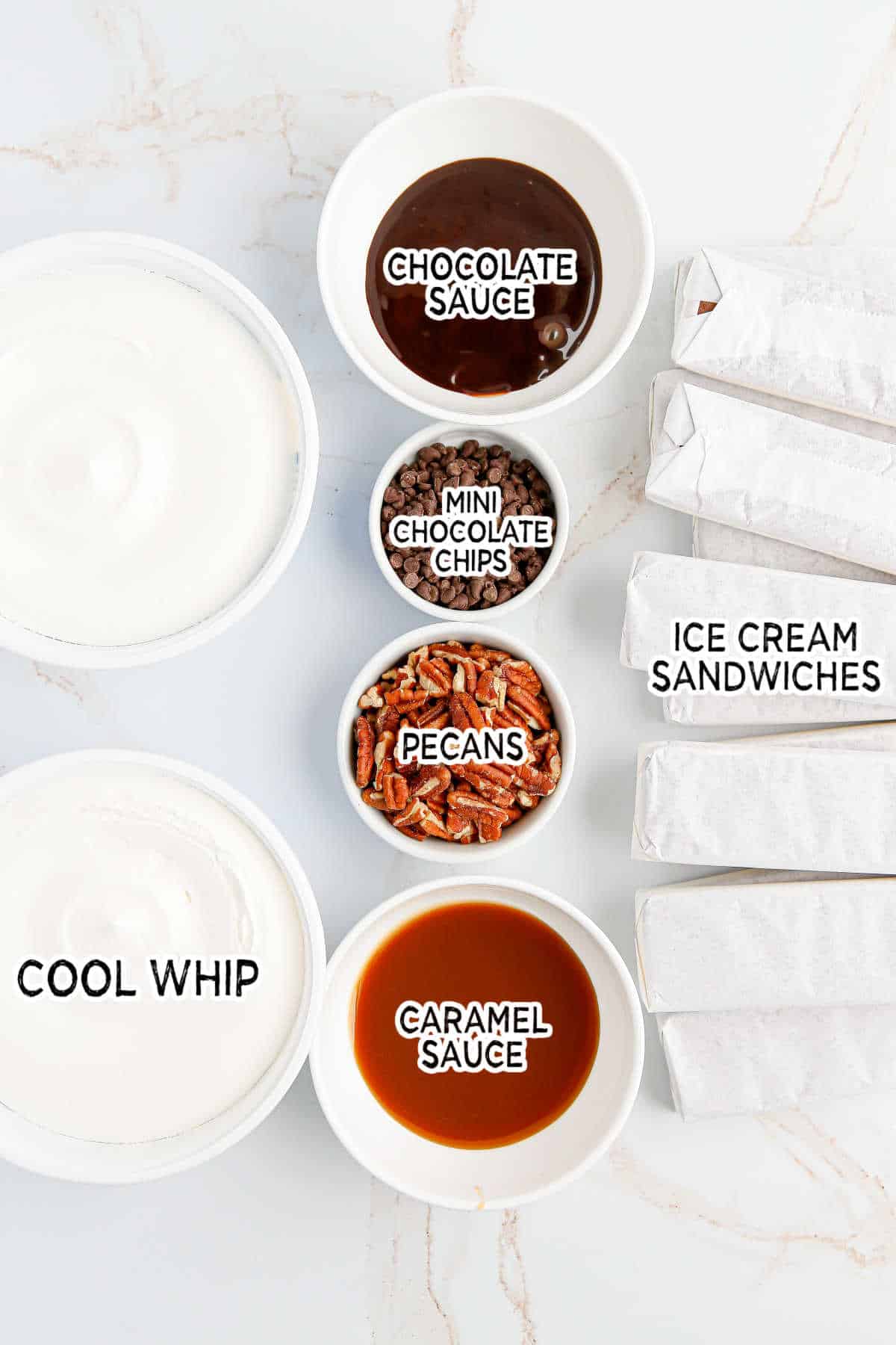 Ingredients to make Turtle Ice Cream Sandwich Cake.