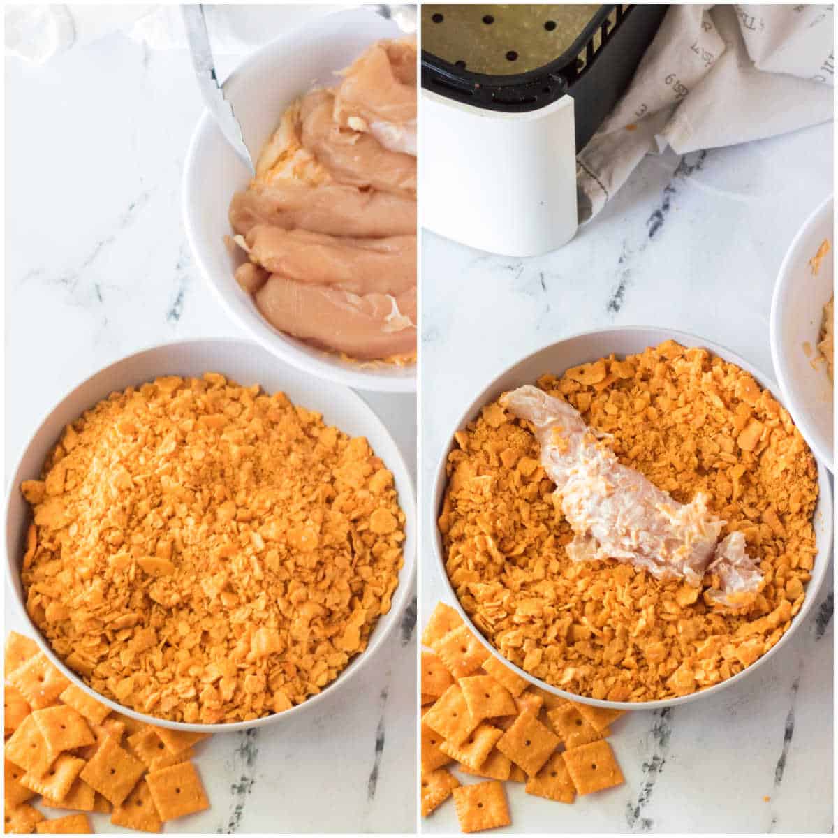 Steps to make air fryer cheez it chicken tenders.