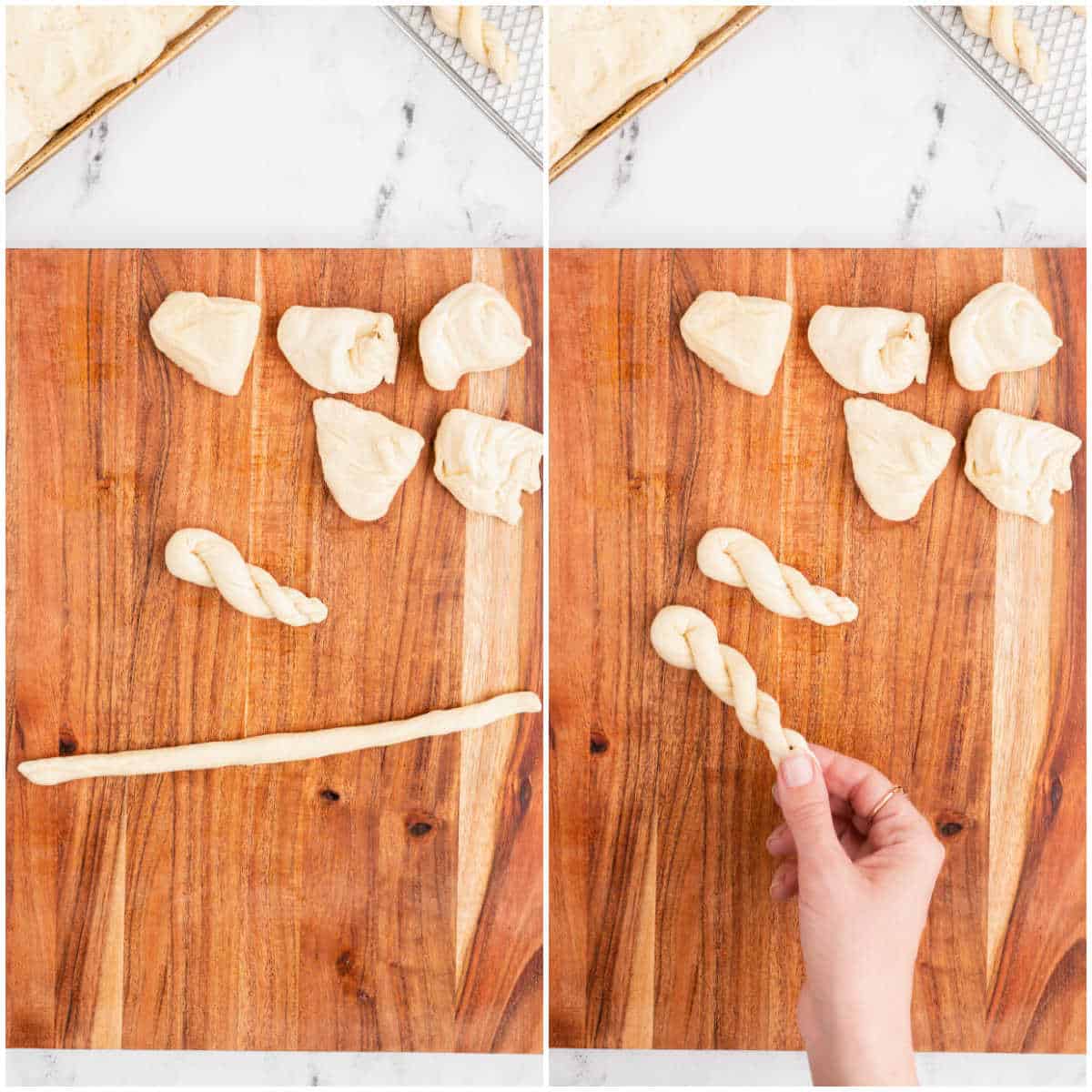 Collage of rolling the dough into twists on a wooden cutting board.