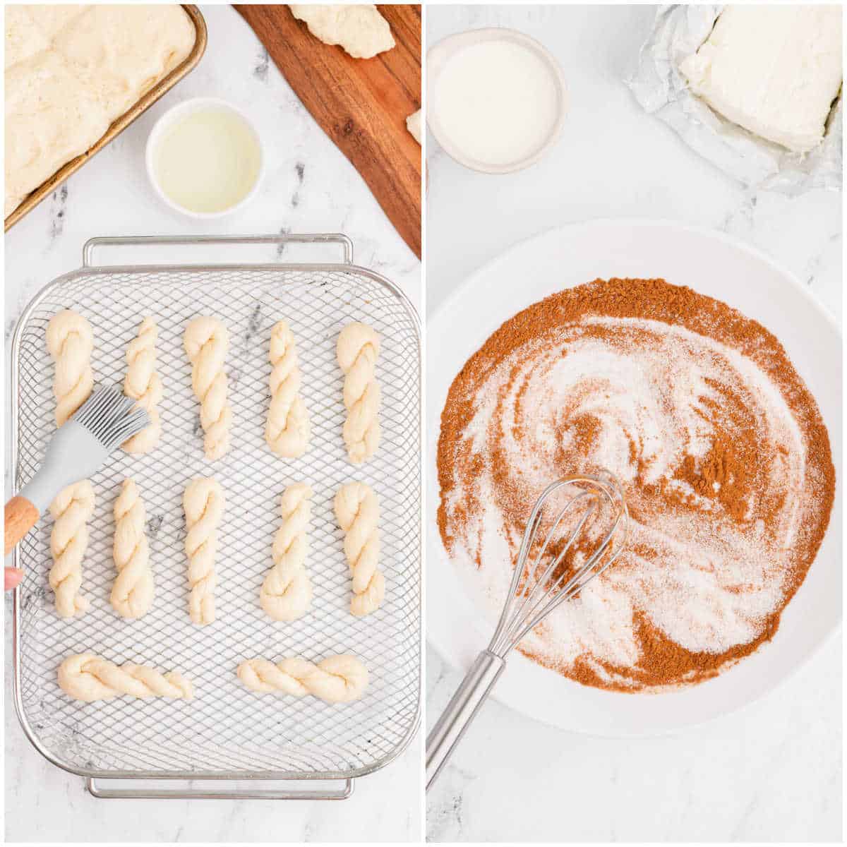 Collage of brushing the twists and making the cinnamon sugar.