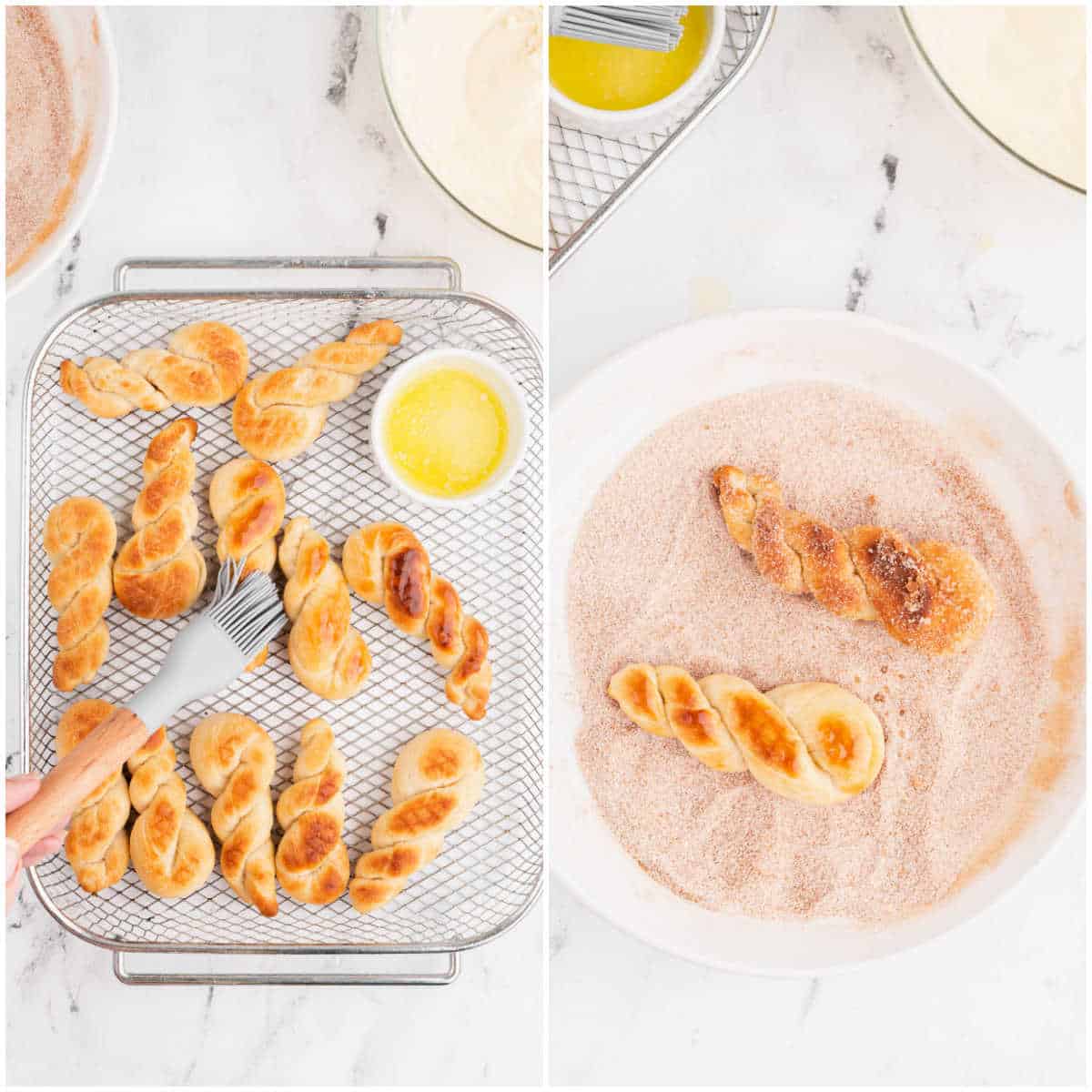 Collage of brushing the twists in butter and coating in cinnamon sugar.