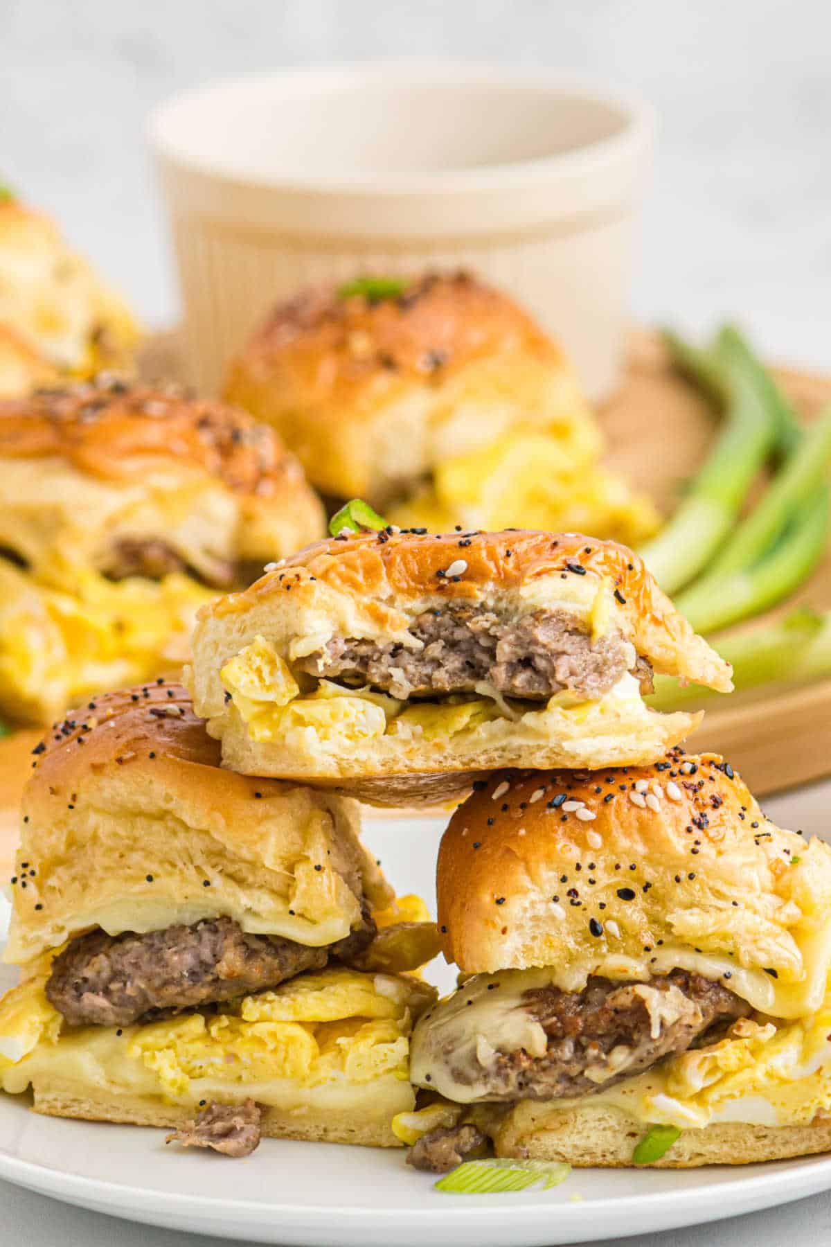 A stack of breakfast sliders.