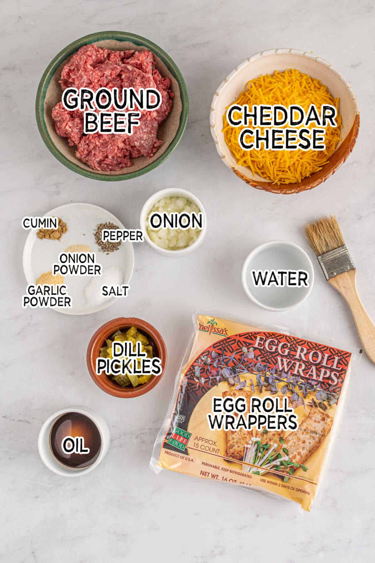 Ingredients to make cheeseburger egg rolls.