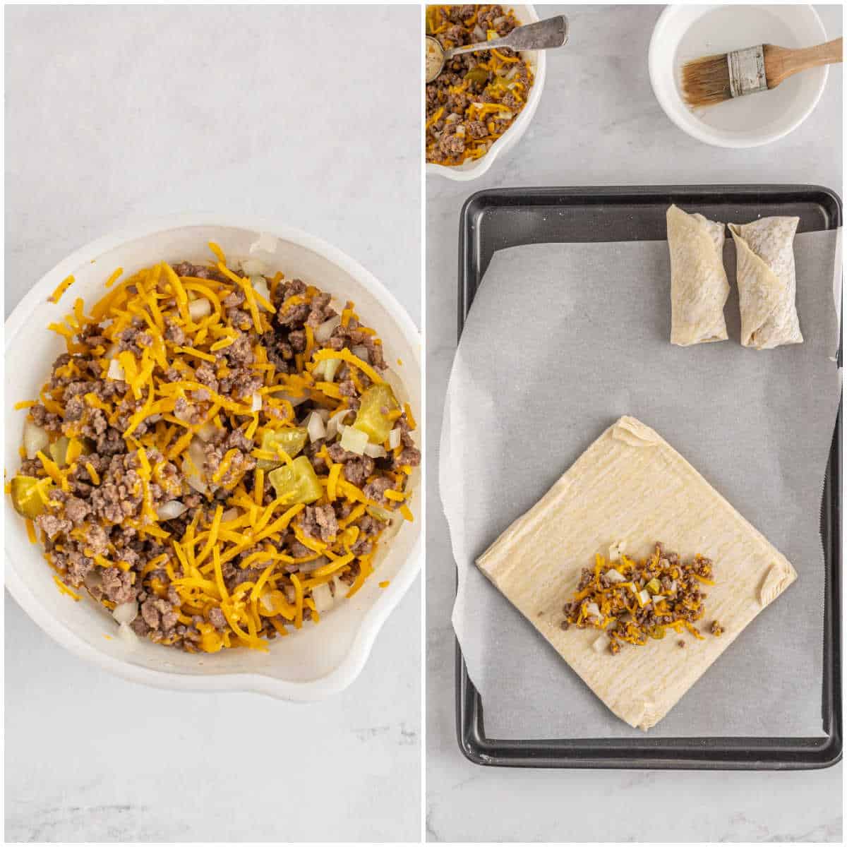 Steps to make cheeseburger egg rolls.