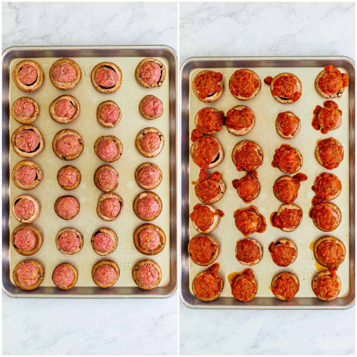 Steps to make meatball stuffed mushrooms.