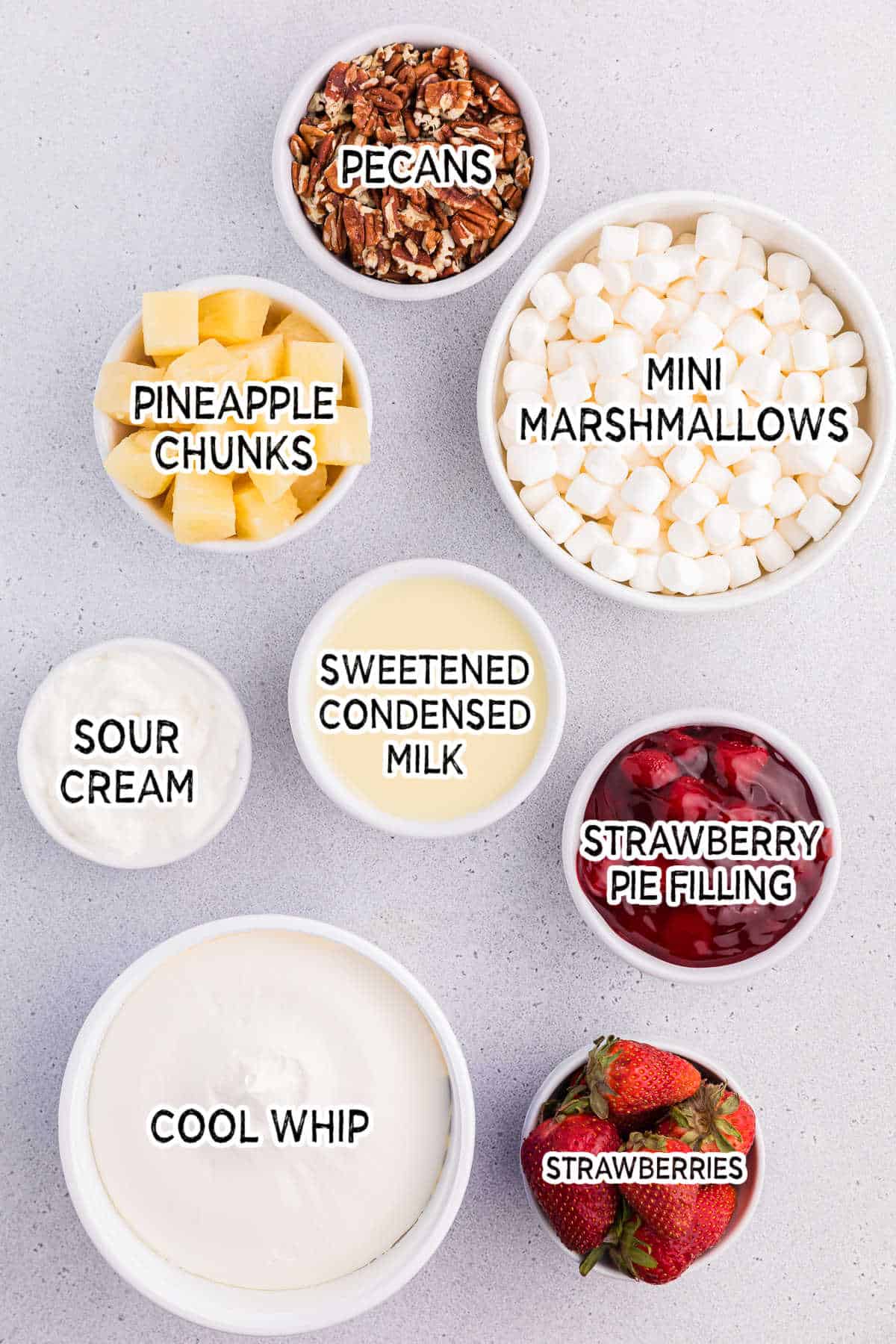 Ingredients to make strawberry fluff salad.