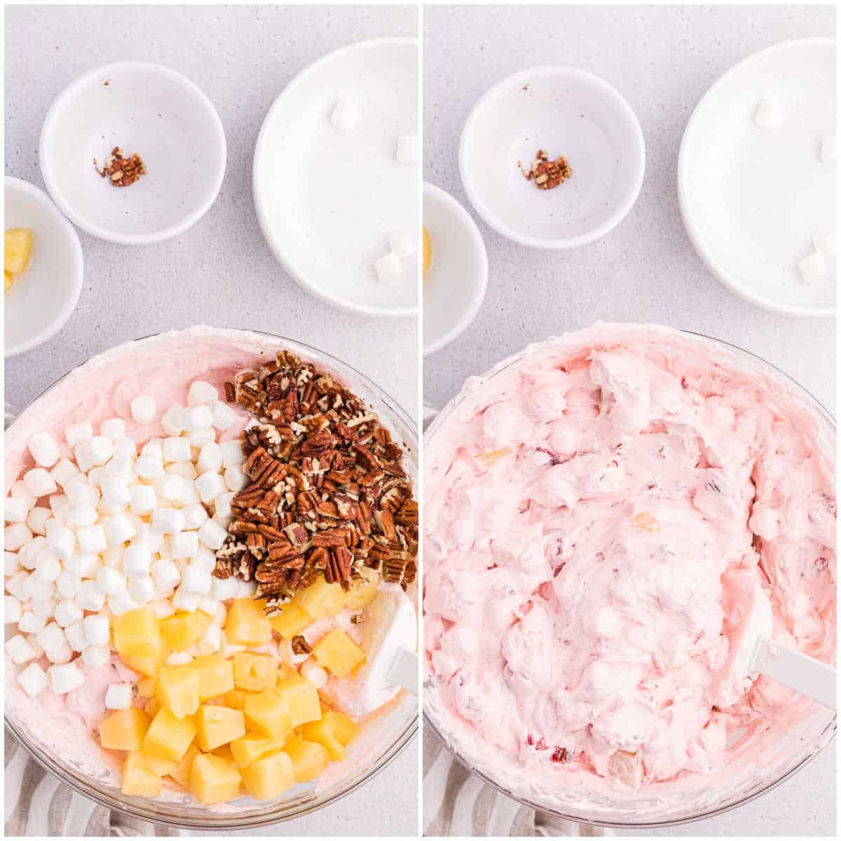 Steps to make strawberry fluff salad.