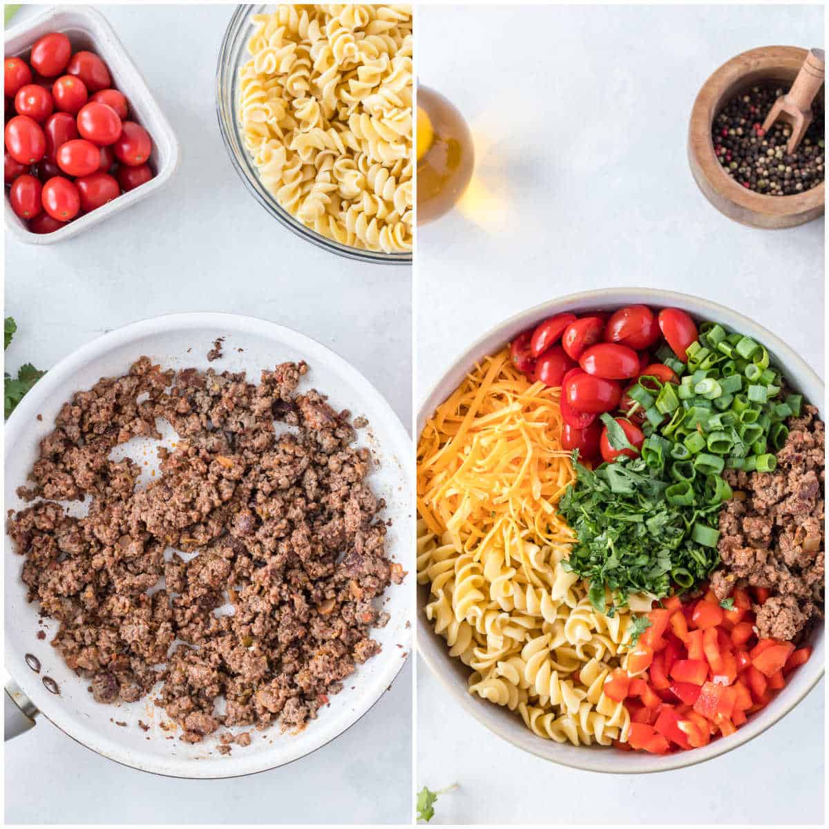 Steps to make taco pasta salad.