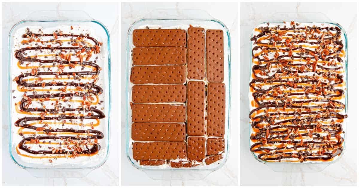 Steps to make Turtle Ice Cream Sandwich Cake.