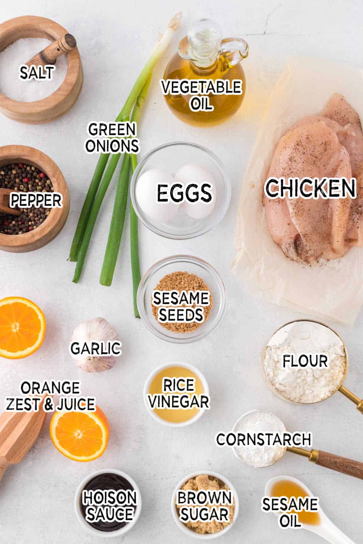 Ingredients to make orange chicken.