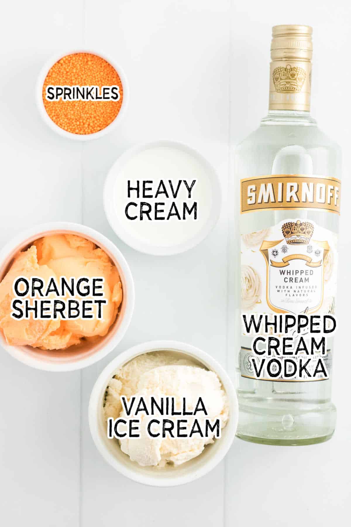 Ingredients to make boozy orange creamsicle milkshakes.