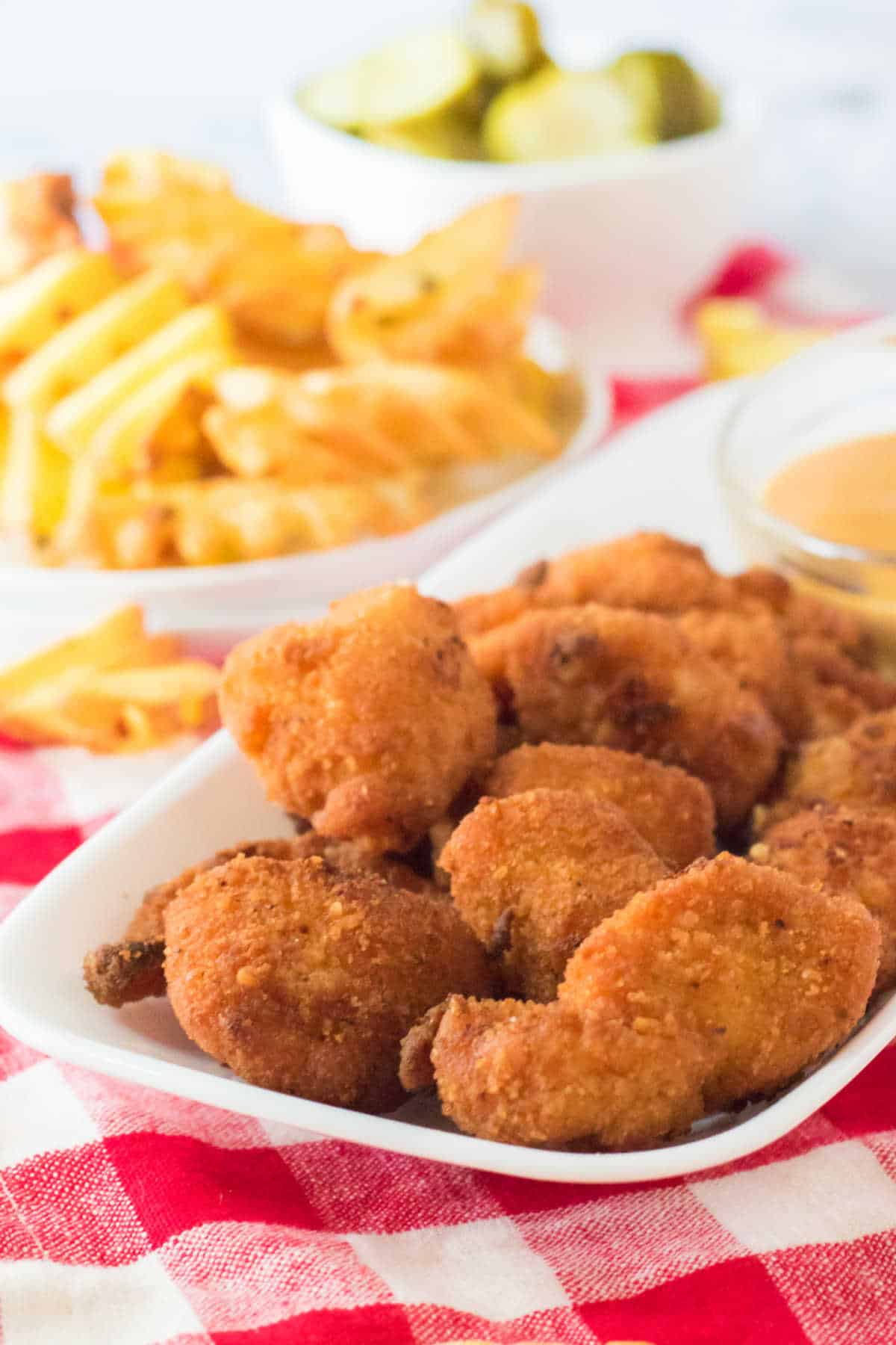 Chicken nuggets on a platter.