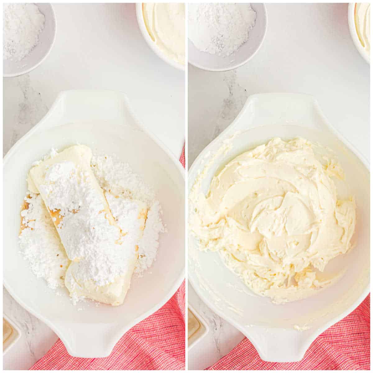 Collage of making the cheesecake filling in a bowl.