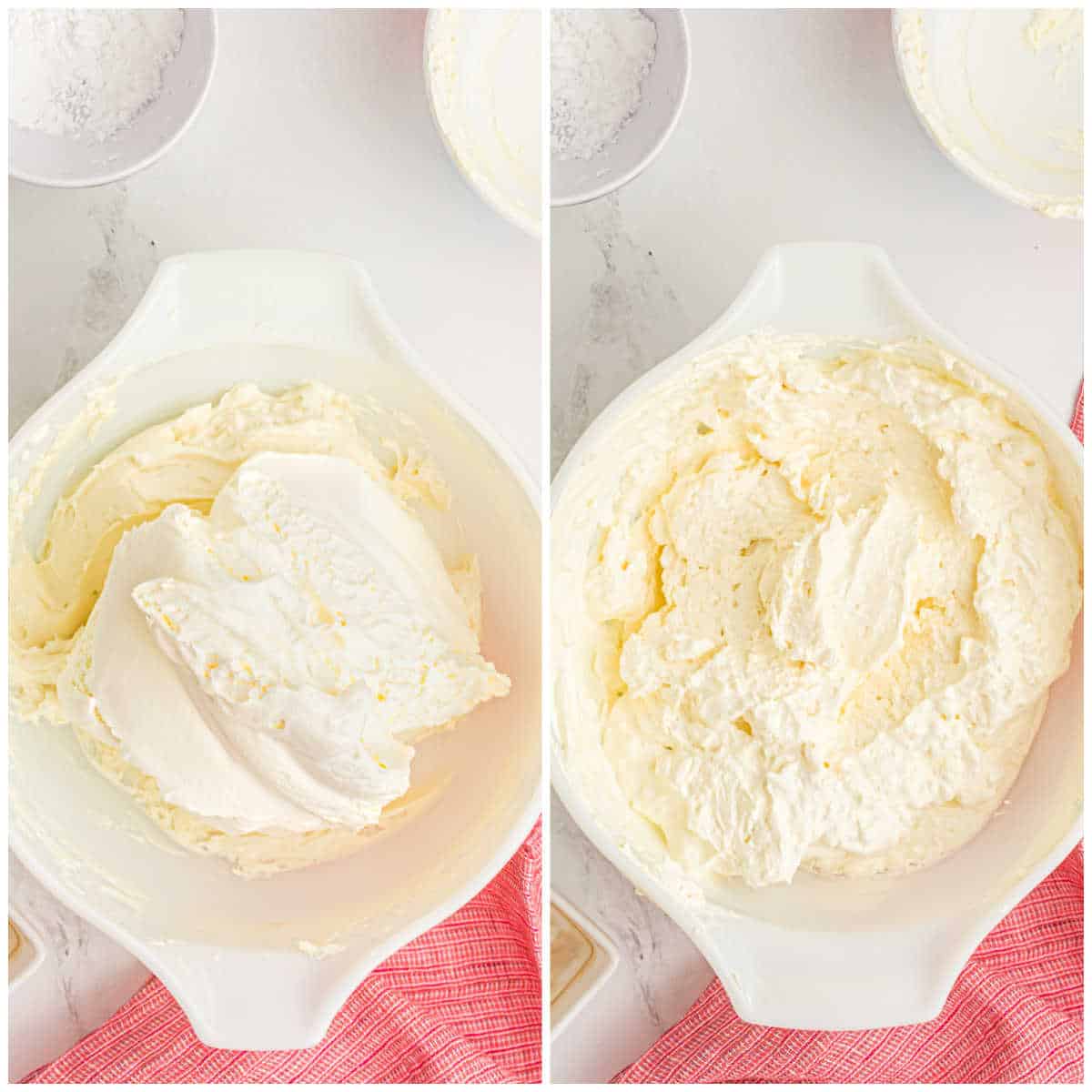 Collage of mixing in the Cool Whip.