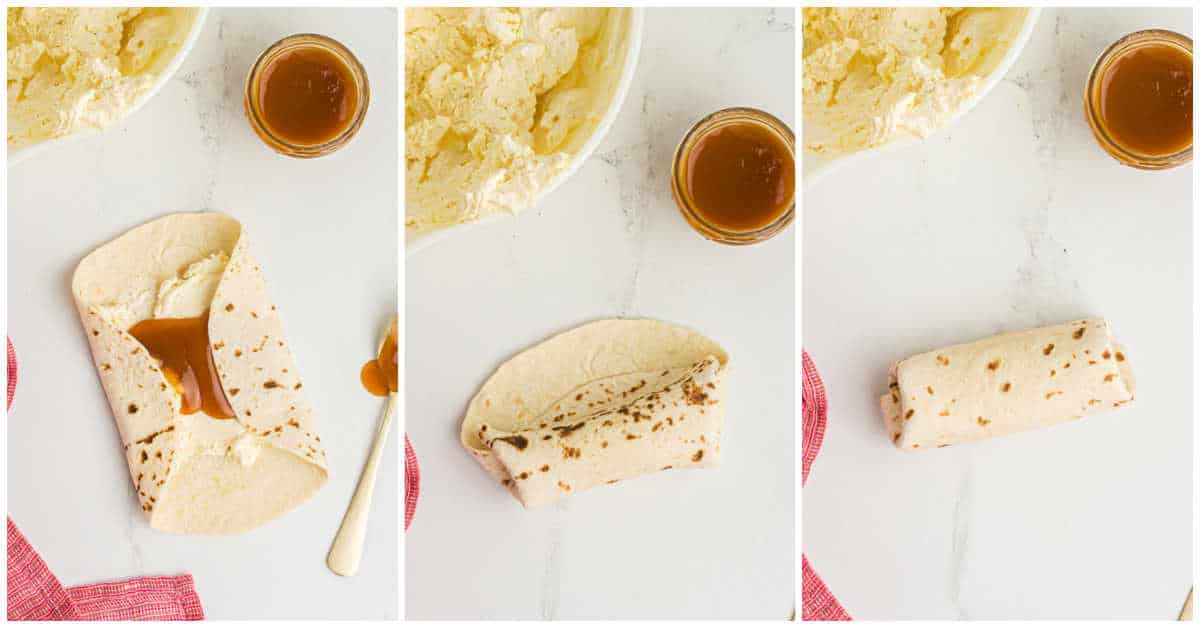 Steps to make cheesecake chimichangas.