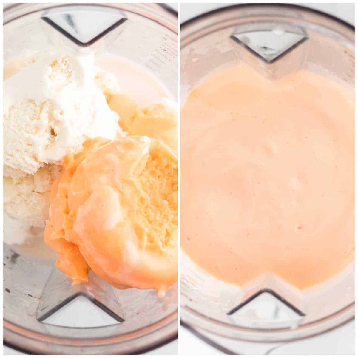 Steps to make boozy orange creamsicle milkshakes.