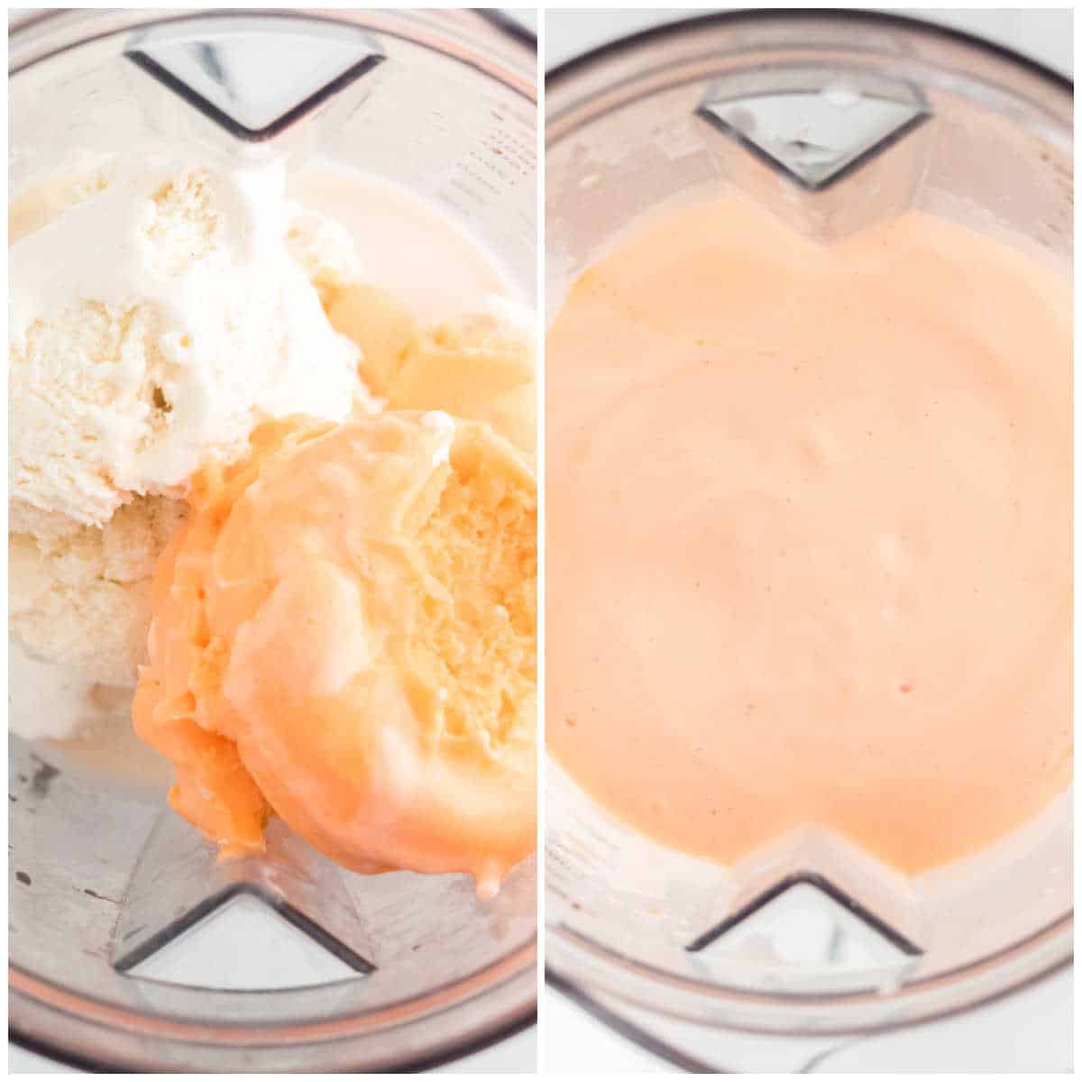 Collage of adding ingredients to a blender.