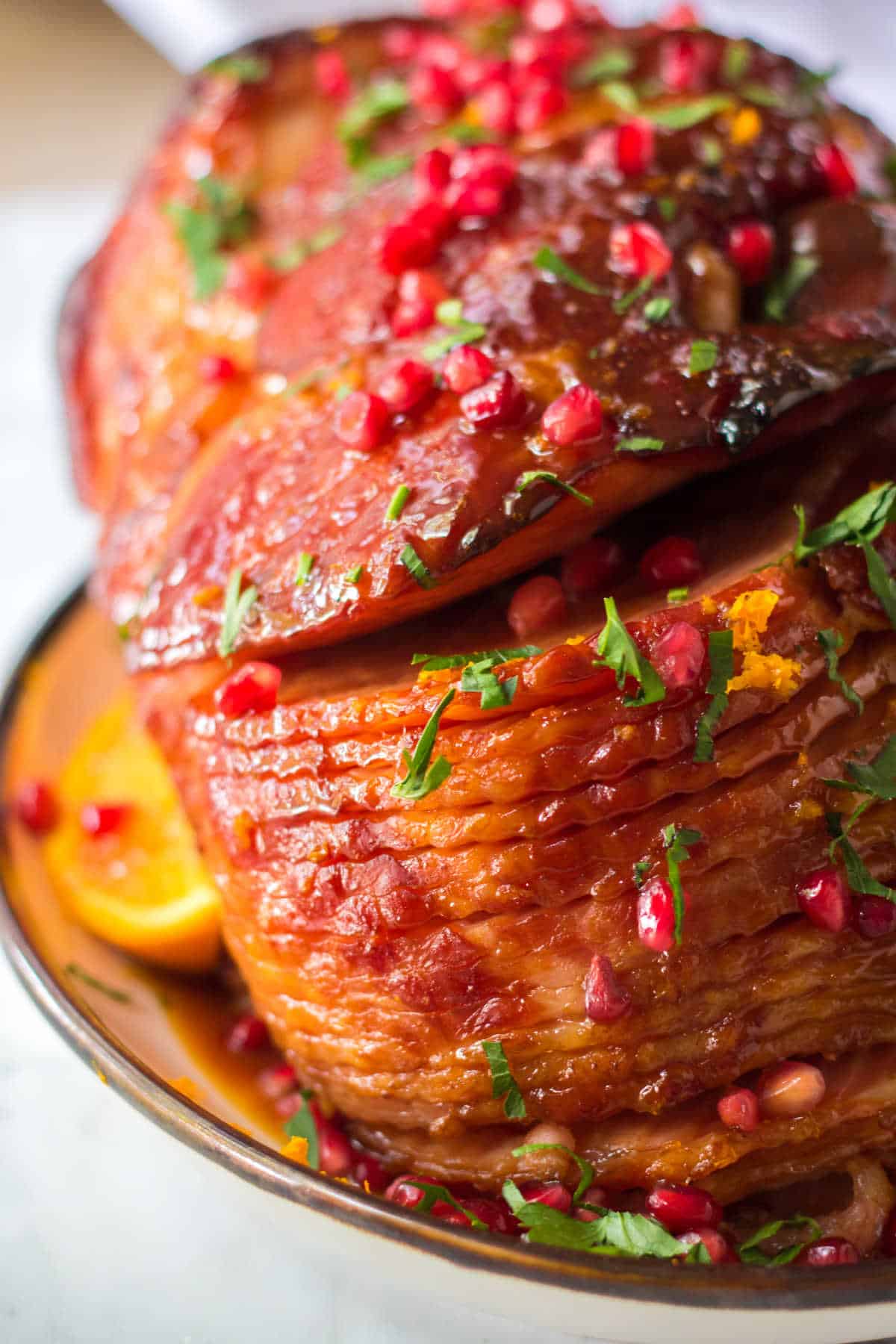 Christmas ham on a platter.