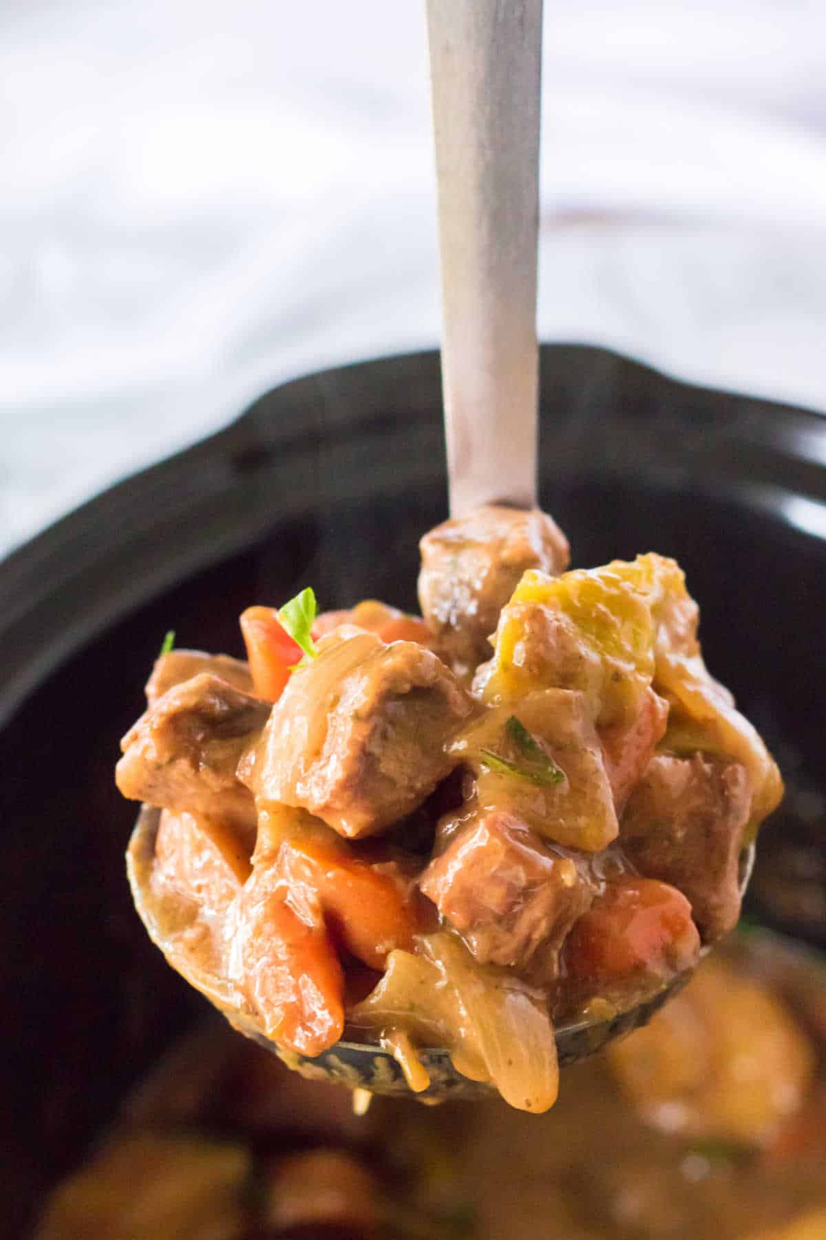 A ladle of Mississippi Beef Stew.
