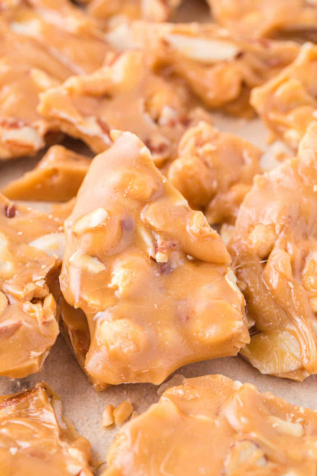 Caramel nut brittle pieces.