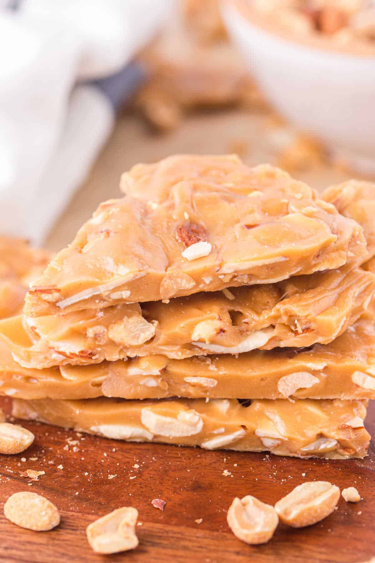 A stack of caramel nut brittle. 