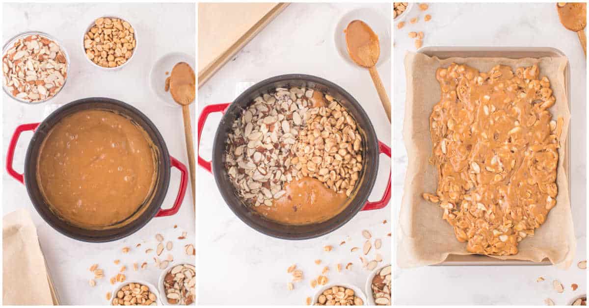 Steps to make caramel nut brittle. 