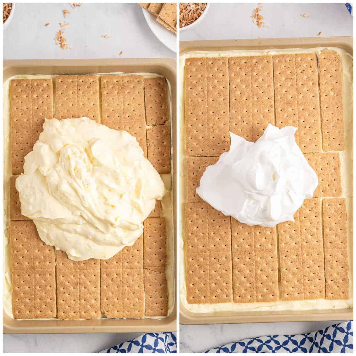 Steps to make coconut icebox cake.