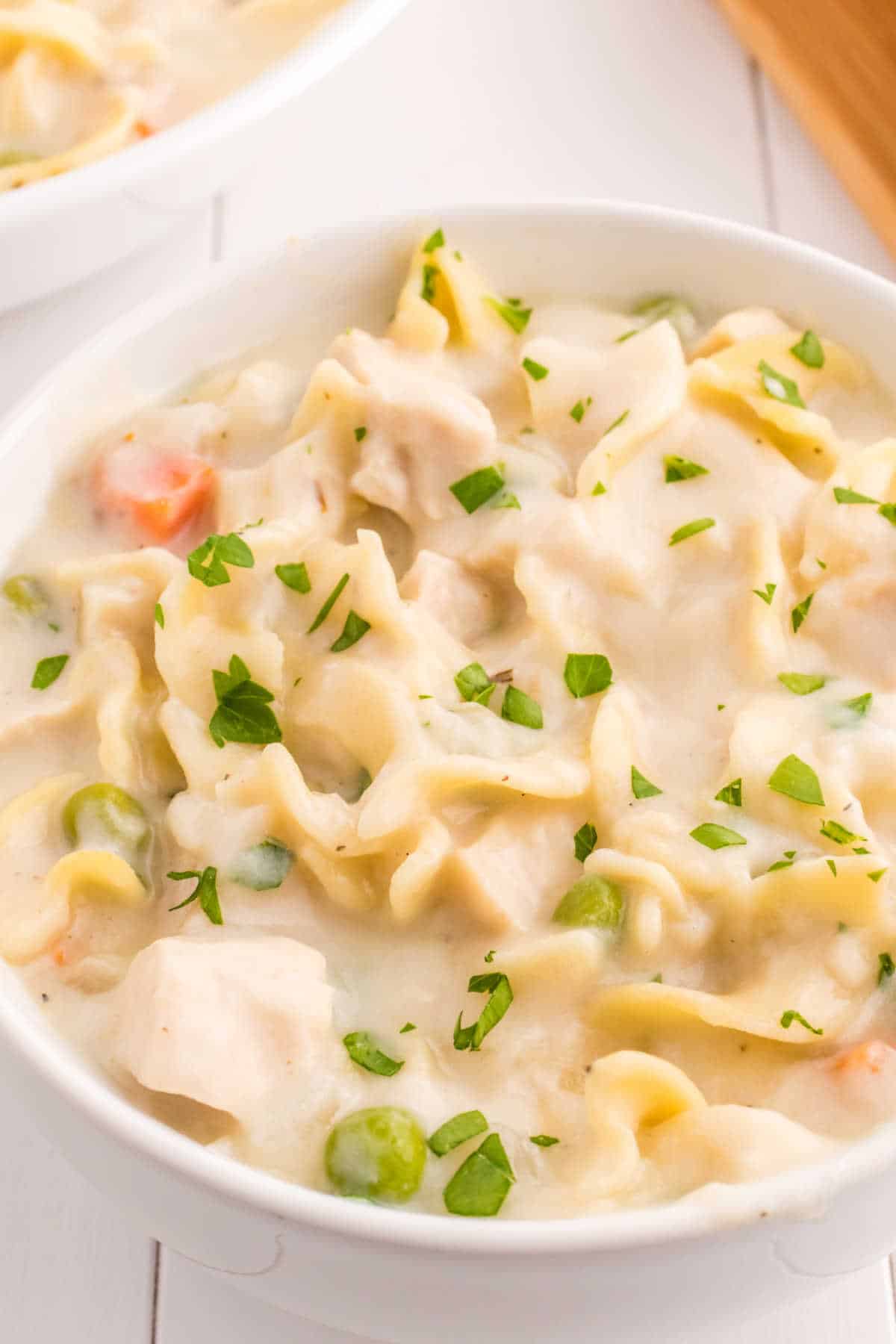 A bowl of creamy chicken noodle soup.