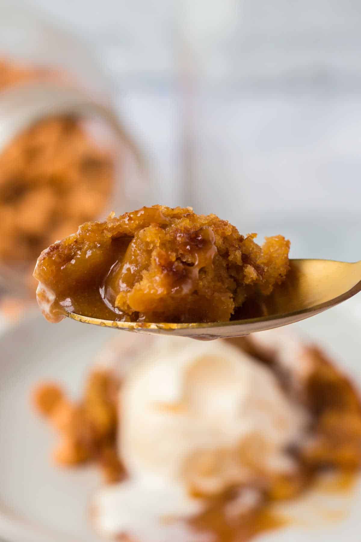 Butterscotch lava cake on a spoon.