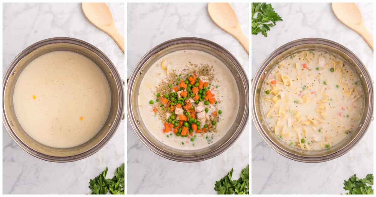 Steps to make creamy chicken noodle soup.