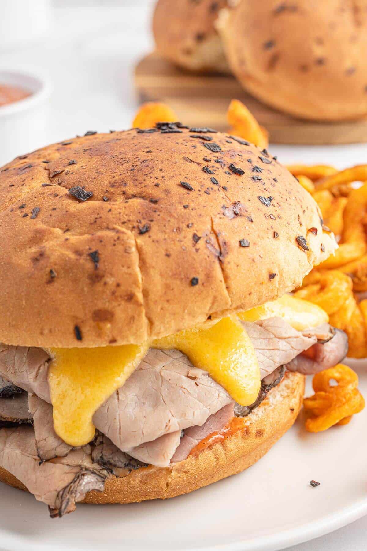 A copycat Arby's roast beef sandwich on a plate.