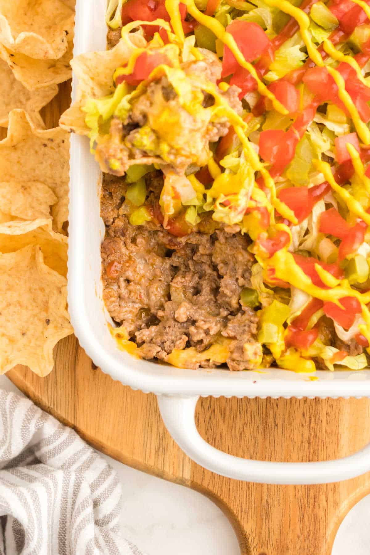 Cheeseburger dip in a baking dish.