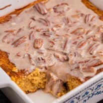 A pan of the recipe with a piece missing.