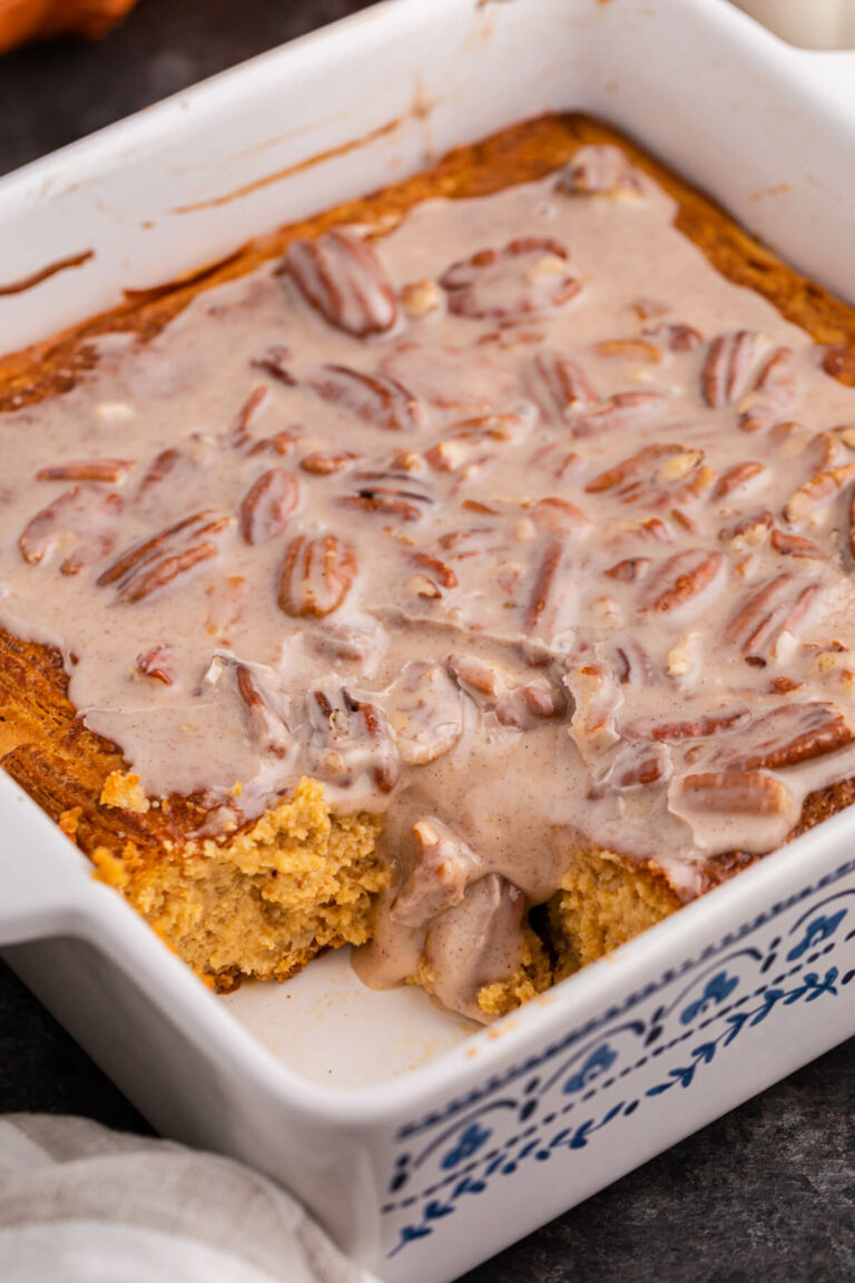 A pan of the recipe with a piece missing.