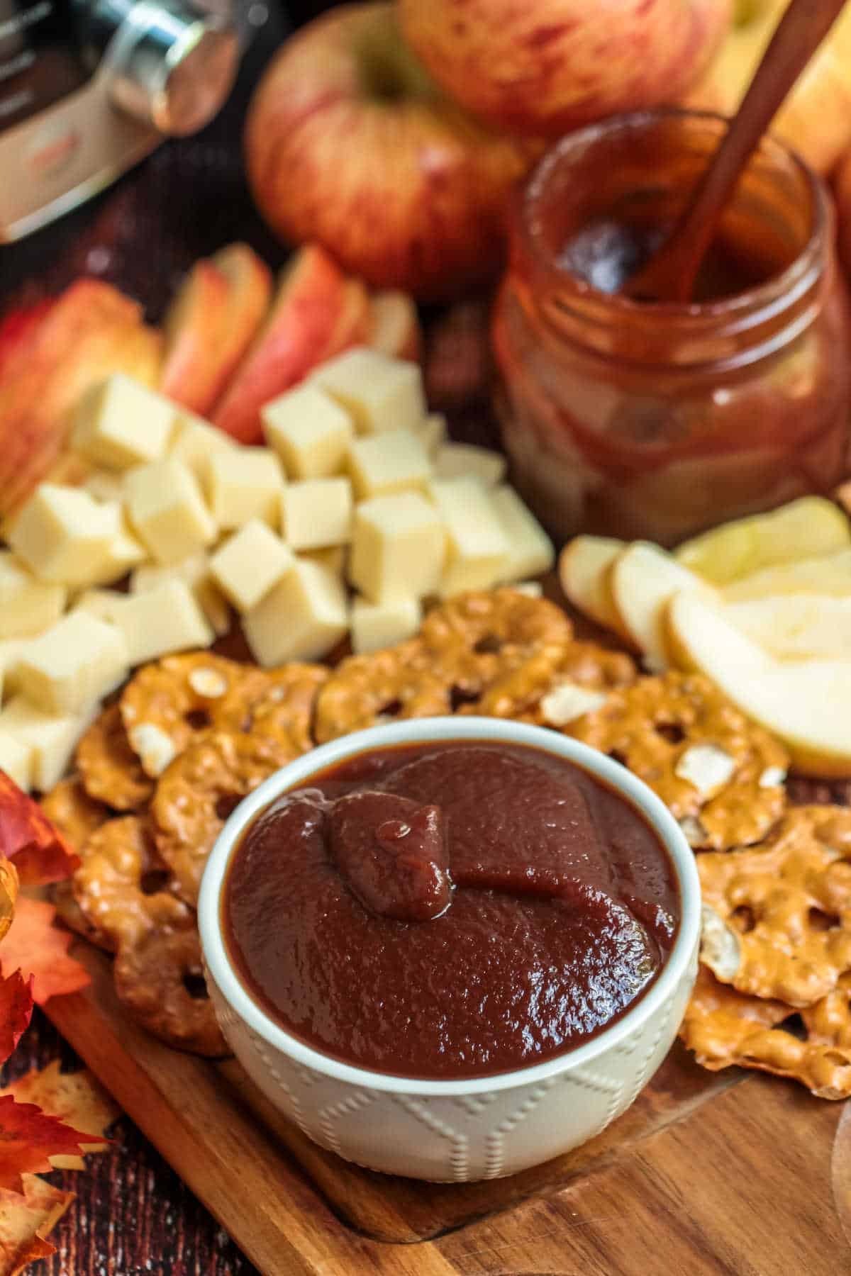 A white bowl of instant pot apple butter.