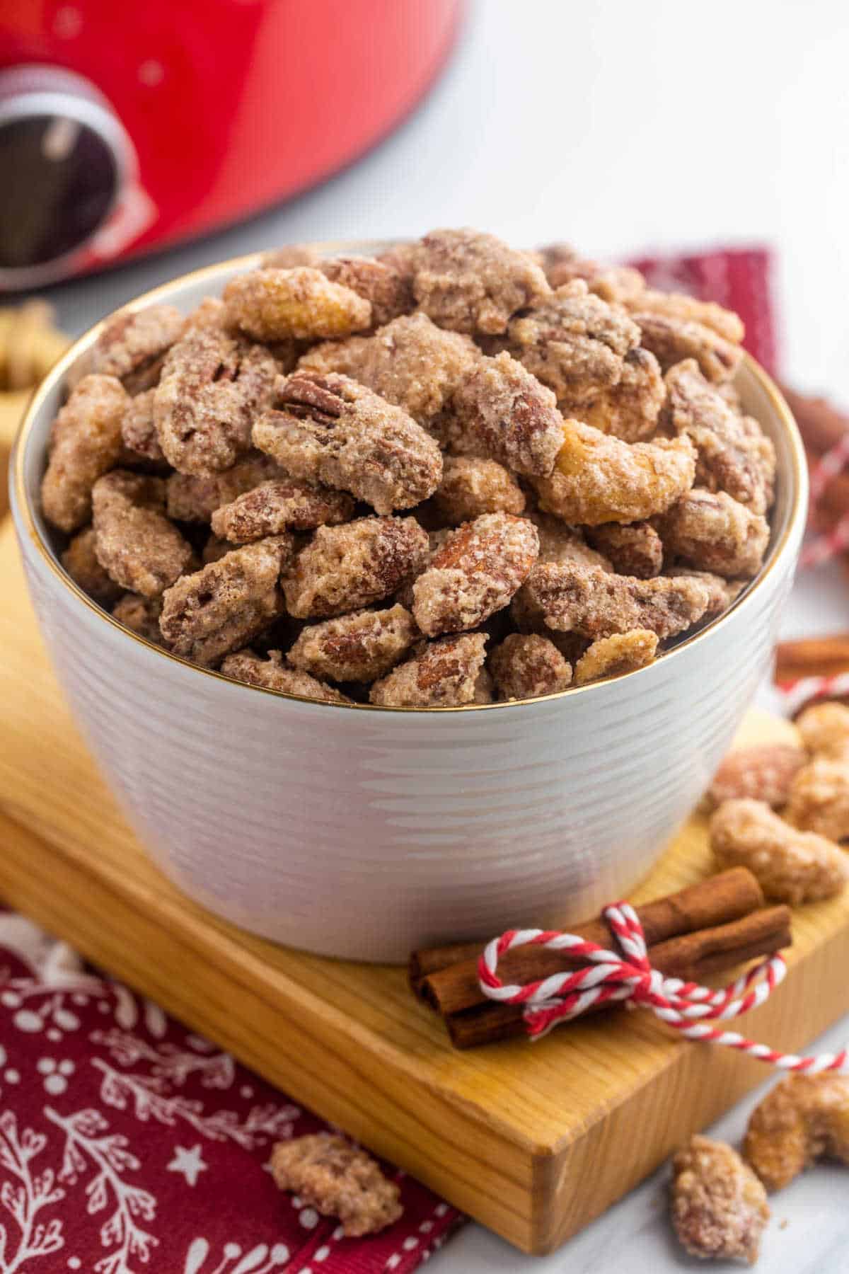 A bowl of crockpot candied nuts.
