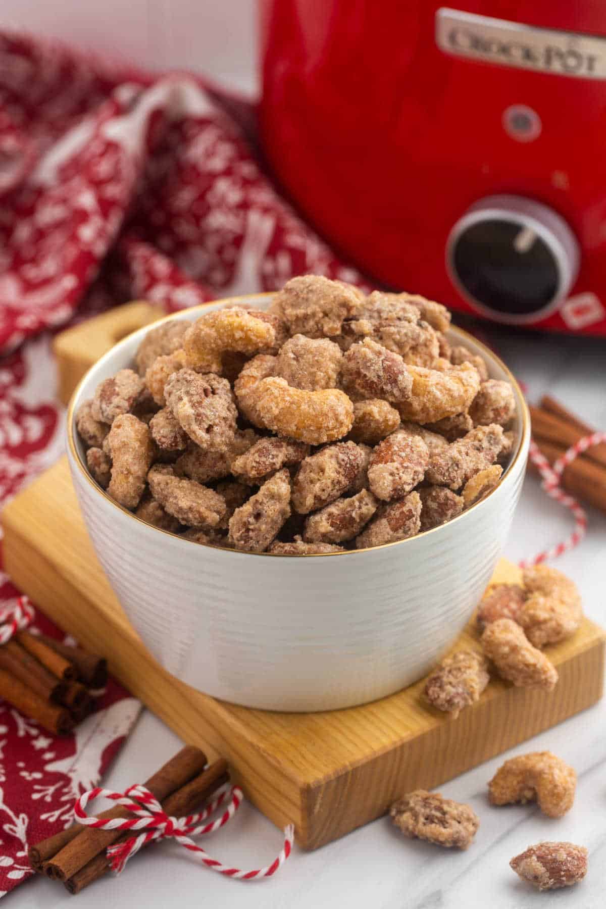 A bowl of crockpot candied nuts.