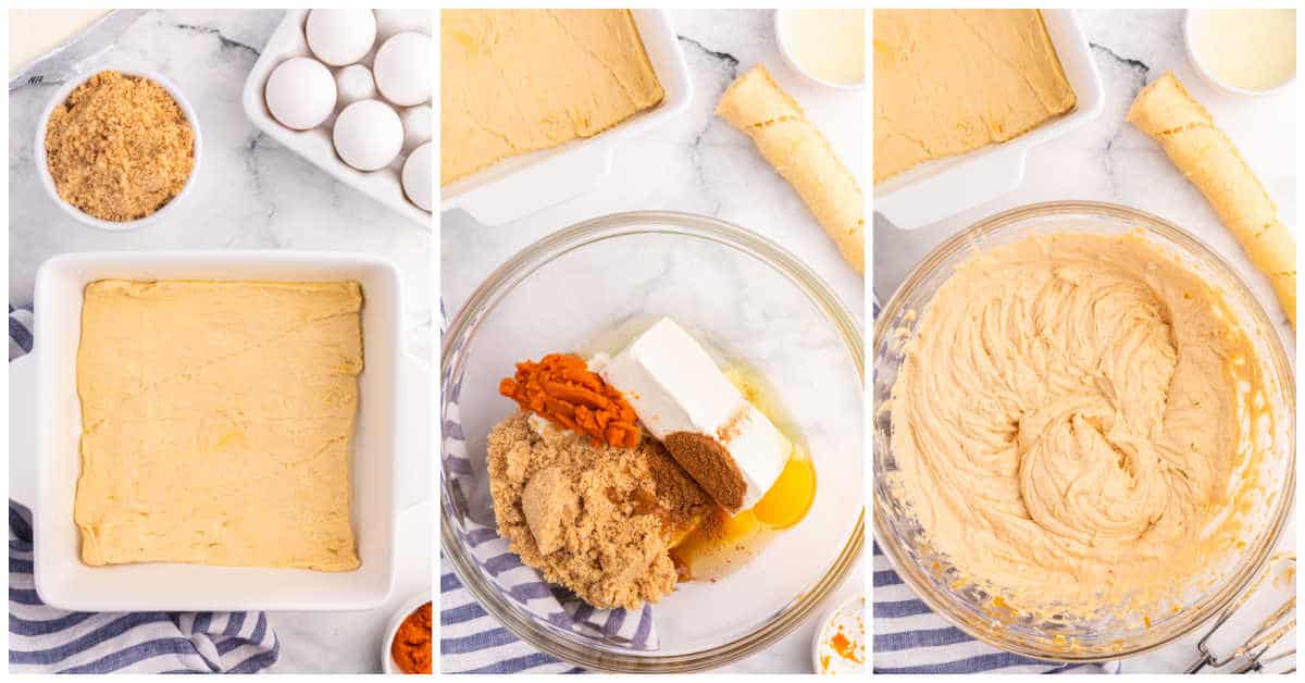 Collage of assembling the bake and making the cream cheese filling.