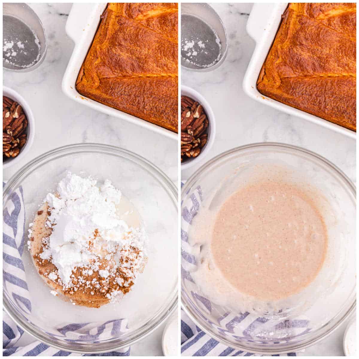 Collage of mixing the glaze in a bowl.